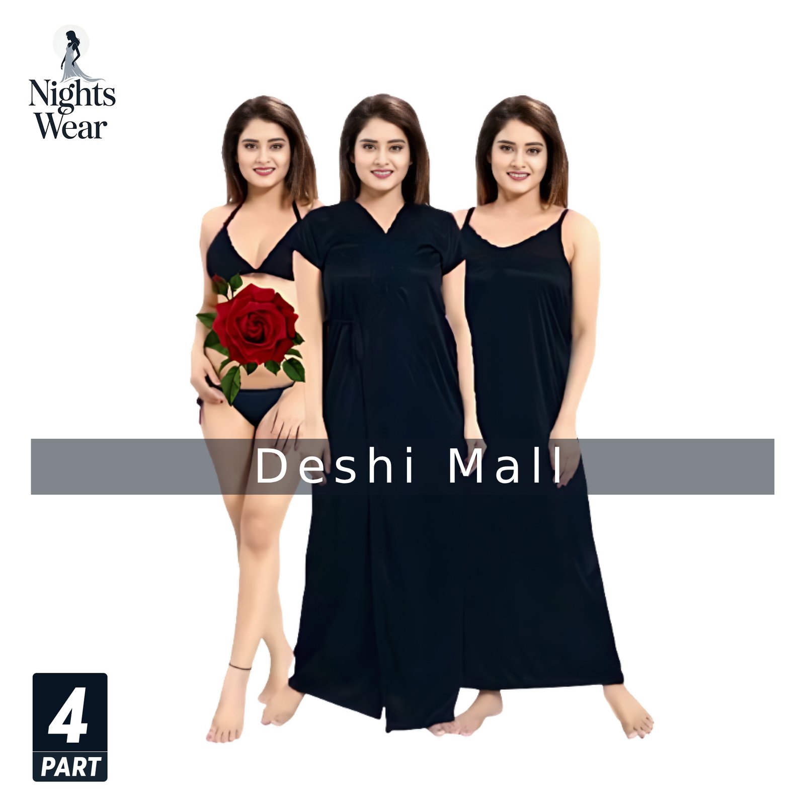 4 Part Satin Nighty Set for Women Soft & Comfortable Nightwear (BLACK)