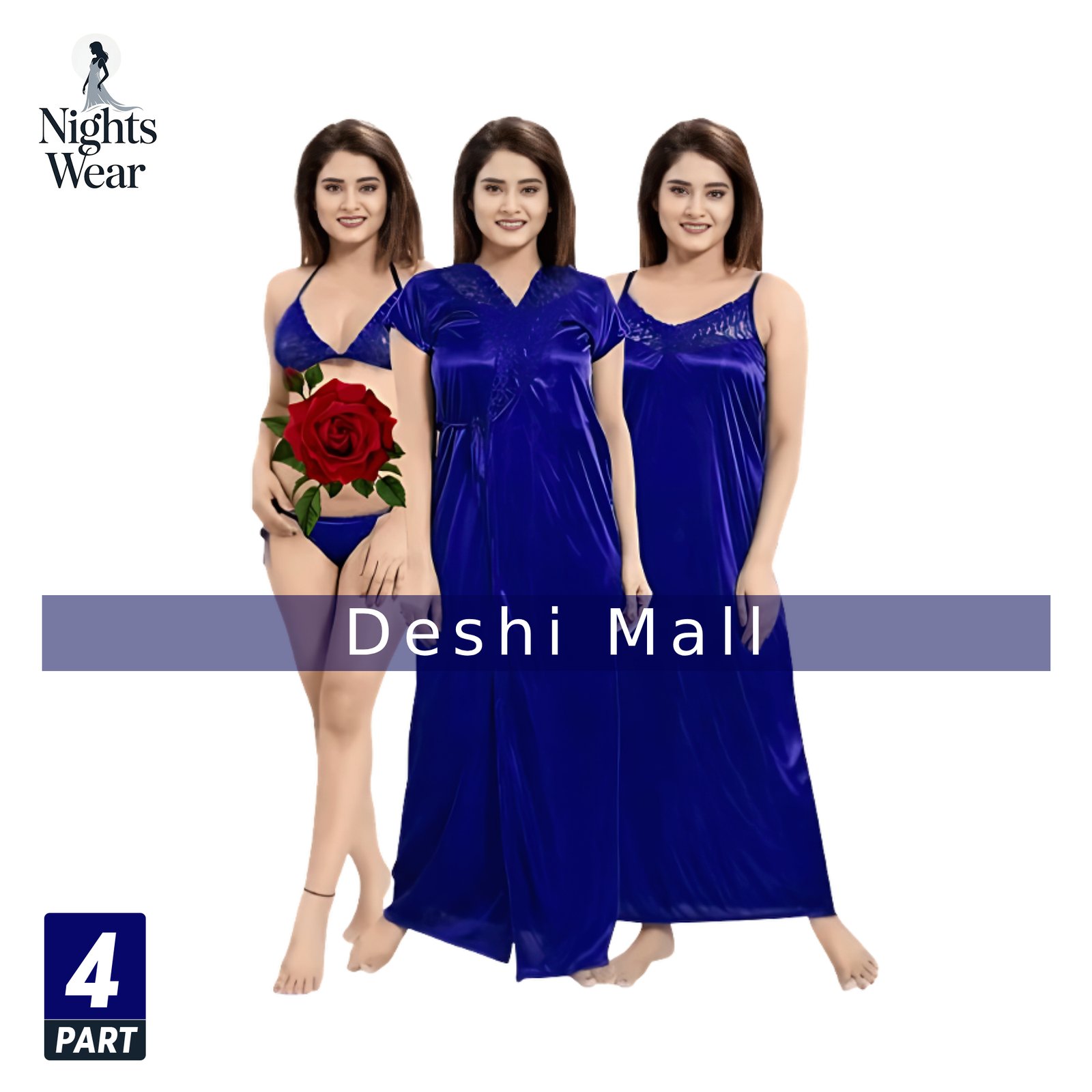 4 Part Satin Nighty Set for Women Soft & Comfortable Nightwear (BLUE)