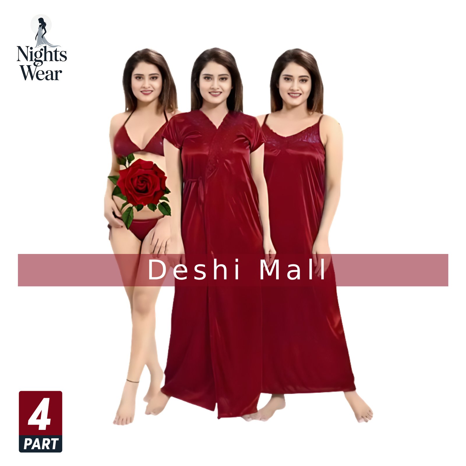 4 Part Satin Nighty Set for Women Soft & Comfortable Nightwear (MAROON)